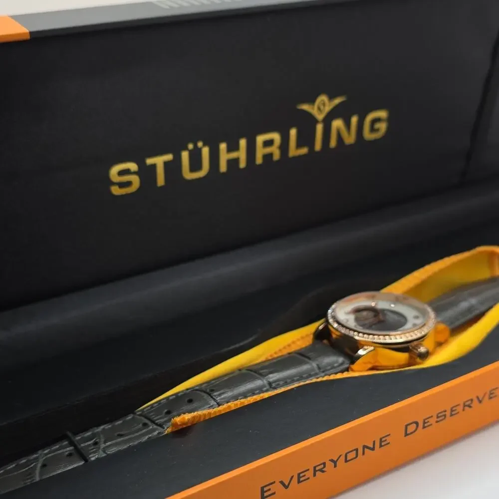 Stührling Original Women’s Automatic Analog Watch Rose Gold Gray Leather w/ Box